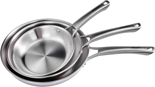 ROVSUN 8-10-12 Inch Stainless Steel Cookware Set, 3 pcs Tri-Ply Skillets Set, Full Clad Stainless Steel Chef's Pan, PFOA & PTFE Free Skillets, Compatible for All Cooktops, Dishwasher & Oven Safe