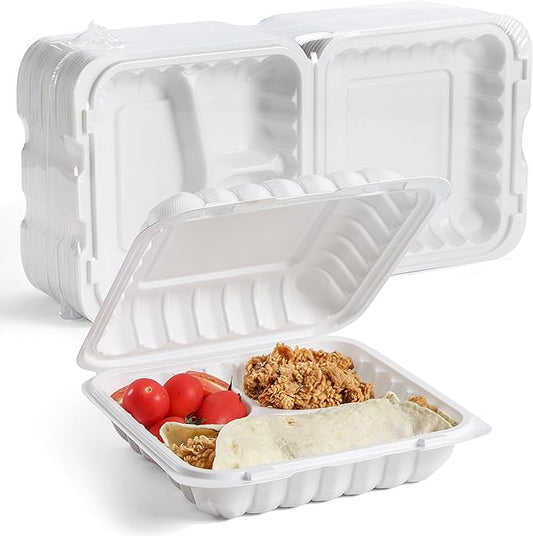 YANGRUI 55-Pack 34oz 8" White Meal Prep Boxes - Shrink Sealed No Pre-Wash | 3-Compartment | Factory Direct Heavy Duty Mineral PP, Microwave Safe | Portion Control for Nutrition & Weight Management