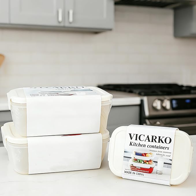 VICARKO 3-Piece Stackable Vacuum Food Storage Containers Set with Hand Pump, 17 oz/ 34 oz/ 68 oz, White, BPA-Free, Airtight, Leakproof, Date Tracker