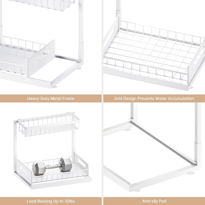 Under Sink Organizer and Storage, Slide Out Cabinet Organizer, Pull Out Sink Shelf for Kitchen Bathroom Laundry, White, 1 Pack