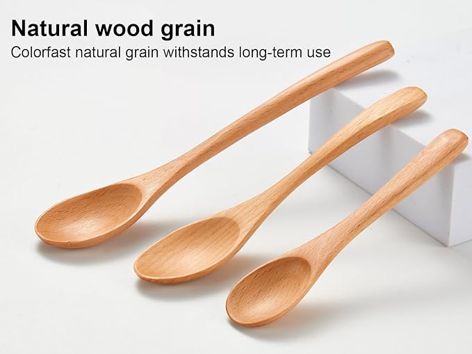 6 Piece Small Wooden Spoons Set - Premium Beech Wood Spoons in 3 Sizes (4.9", 5.9", 7.1") for Honey, Tea, Coffee, Multi-Purpose Mini Teaspoons Utensils for Ice Cream and Soup