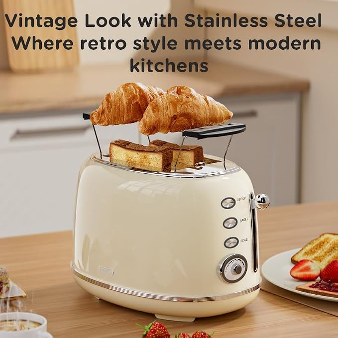 Wiltal Toaster Retro 2 Slice, Vintage White Toaster with Lid, with Bread Attachment, Preheat, Defrost And Cancel Functions, 6 Browning Levels (Beige)