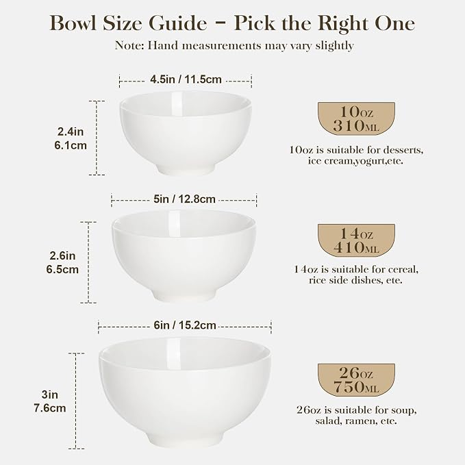 MALACASA 26 oz Porcelain Soup Bowls, White Ceramic Cereal Bowls for Kitchen 6 inch Bowls Set of 6 for Oatmeal Salad Fruit Rice Dishwasher and Microwave Safe, Series Regular