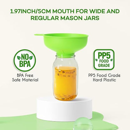 Pisol Wide Mouth Versatile Funnel, Canning Funnels for Kitchen Use, Food Grade Plastic Cooking Funnel Set with 4 Size Spouts and 2 Strainers for Filling Different Bottles and Bags, Green