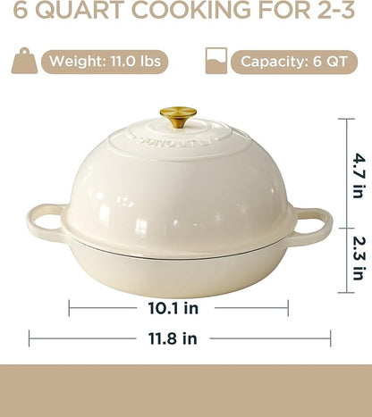 Enameled Cast Iron Bread Oven, 6QT Cast Iron Dutch Oven for Homemade Sourdough Bread Baking, Round Bread Pot with Dome Lid & Cotton Potholders, Cream White