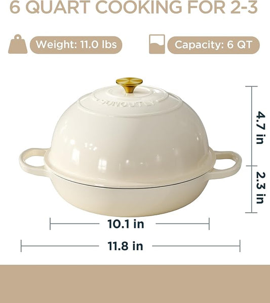 Enameled Cast Iron Bread Oven, 6QT Cast Iron Dutch Oven for Homemade Sourdough Bread Baking, Round Bread Pot with Dome Lid & Cotton Potholders, Cream White