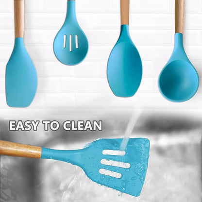 Silicone Kitchen Cooking Utensils Set, 5-Piece Non-Stick Silicone Kitchen Utensils Spatula Serving Spoons Turner Ladle Set w Wooden Handle Heat Resistant Cooking Gadgets for Nonstick Cookware