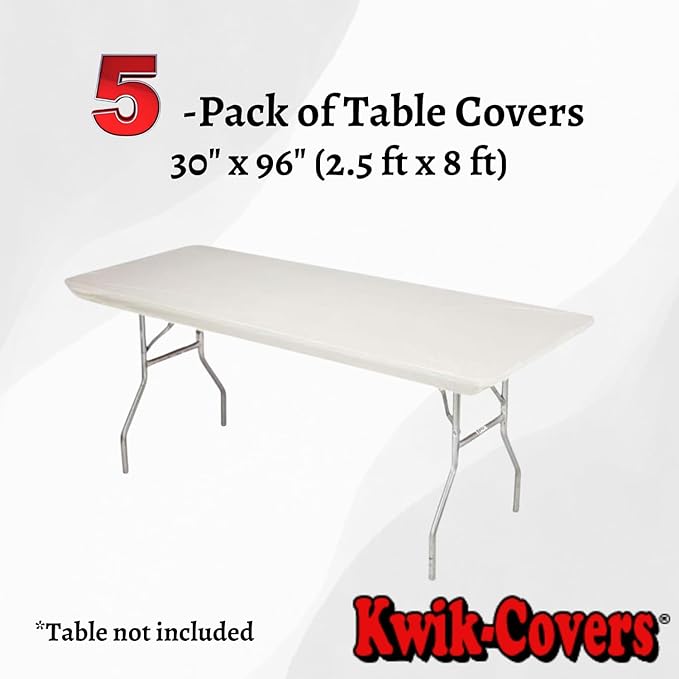 Kwik-Covers 8' Rectangle Plastic Table Covers 30" x 96", Bundle of 5 (Ivory)