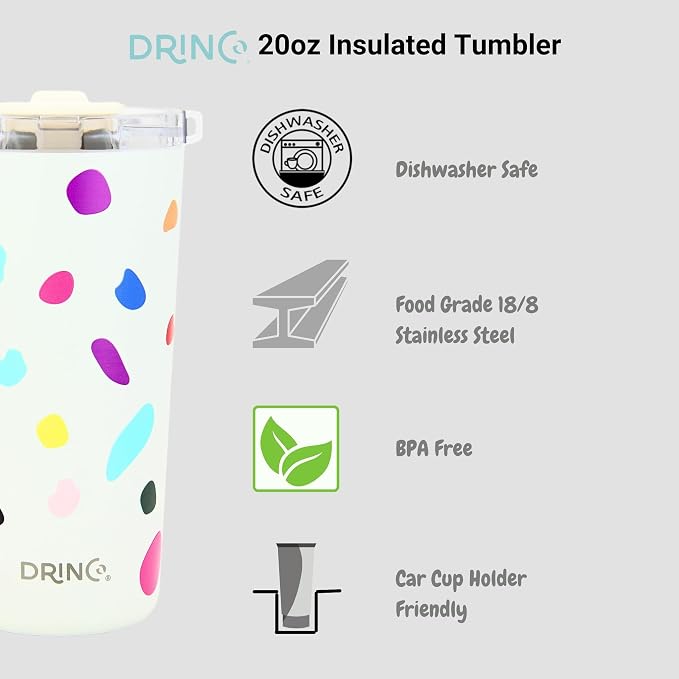 Drinco - 20 oz Stainless Steel Tumbler | Double Walled Vacuum Insulated Mug With Lid, 2 Straws, For Hot & Cold Drinks (20oz Blots)