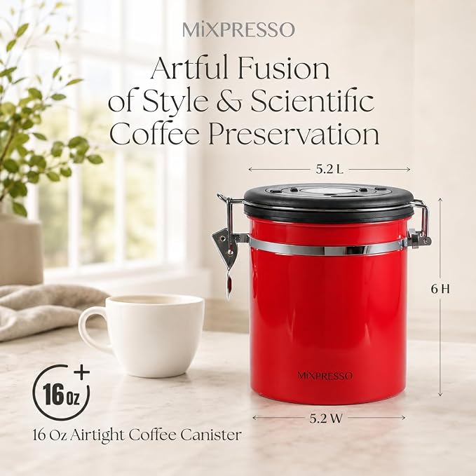 Mixpresso 16 Oz Red Coffee Canister, Stainless Steel Airtight Coffee Container, Air tight Jar Tea Storage with Date Tracker, Vacuum Sealed Espresso Airtight Canister, Sugar Container for Home