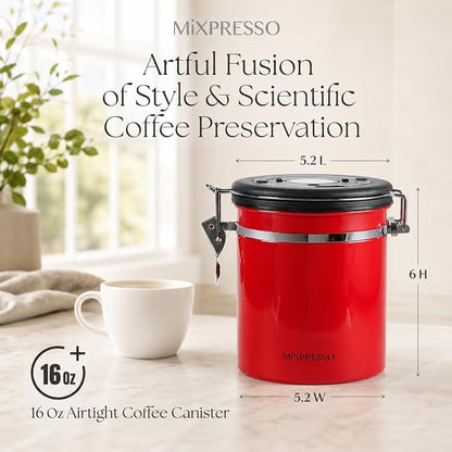 Mixpresso 16 Oz Red Coffee Canister, Stainless Steel Airtight Coffee Container, Air tight Jar Tea Storage with Date Tracker, Vacuum Sealed Espresso Airtight Canister, Sugar Container for Home