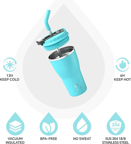 IDEUS Insulated Tumbler with Lid and Straw 14 oz, Stainless Steel Double-Wall Vacuum Leak-Proof Travel Coffee Mug, Cup Holder Friendly, Sky Blue