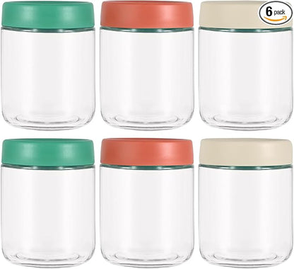 Hoa Kinh 16oz 6Pack Glass Food Storage Jars with Lids, Leak Proof Small Jars for Overnight Oats, Cereal, Clear Empty Glass Jar with Lids for Kitchen(Red, Green and White)
