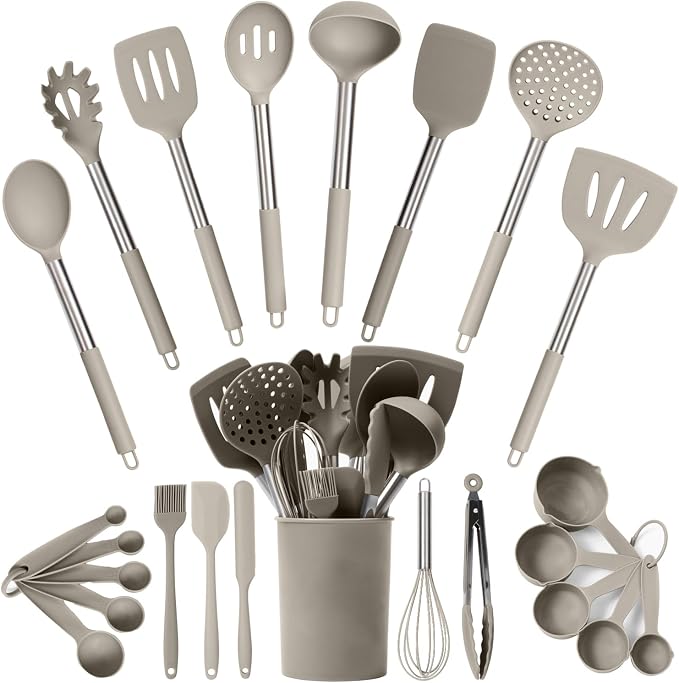 Silicone Kitchen Utensils Set 24 Pieces 450 °F Heat Resistant - Khaki Cooking Utensils-Set for Nonstick Cookware - Silicone Spatulas Set, Stainless Steel Handle & Other Kitchen accessories