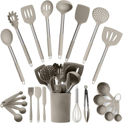 Silicone Kitchen Utensils Set 24 Pieces 450 °F Heat Resistant - Khaki Cooking Utensils-Set for Nonstick Cookware - Silicone Spatulas Set, Stainless Steel Handle & Other Kitchen accessories