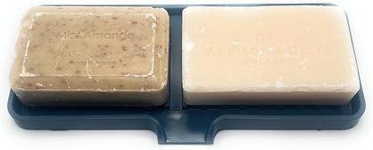 Silicone Soap Dish Tray and Sponge Holder with Drain Chute, Rectangular, Kitchen and Bathroom Sink Organizer (Smoky Blue, 9"x3.5")