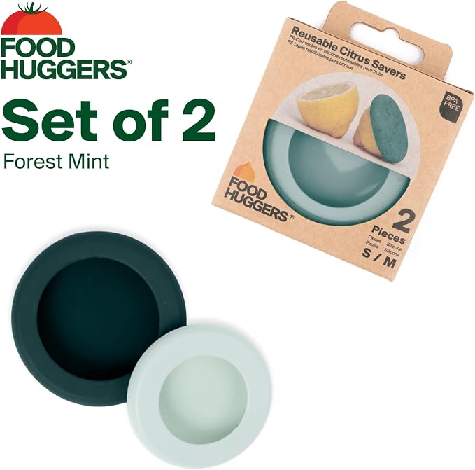 Food Huggers 2pc Reusable Silicone Citrus Savers | BPA Free & Dishwasher Safe | Fruit Produce Storage for Orange, Lemon, Lime, Banana, Cans & More | 2 Pack Round, Forest Mint