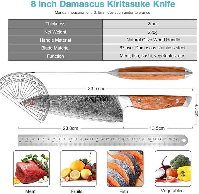 XITUO Damascus Steel Kiritsuke Knife 8-Inch, Japanese Chef Knife VG-10 67 Layers Steel Kitchen Knife, Ultra Sharp Razor Edge for Meat Vegetable Chopping, Olive Wood Handle Gift for Chefs