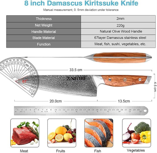 XITUO Damascus Steel Kiritsuke Knife 8-Inch, Japanese Chef Knife VG-10 67 Layers Steel Kitchen Knife, Ultra Sharp Razor Edge for Meat Vegetable Chopping, Olive Wood Handle Gift for Chefs