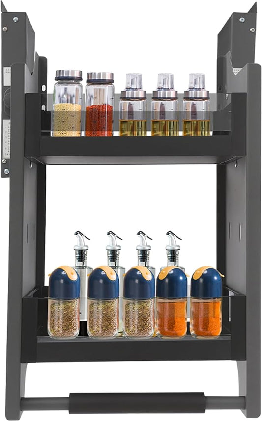 Pull Down Cabinet Organizer, 2-Tier Lowering Basket Rack for 16.14-17.72" Wide Cabinet, 4-stage Weight Knob 3-Stage Buffer Tempered Glass Pull-Out Kitchen Storage Shelf, 16.14*11.02*21.26in Dark Grey