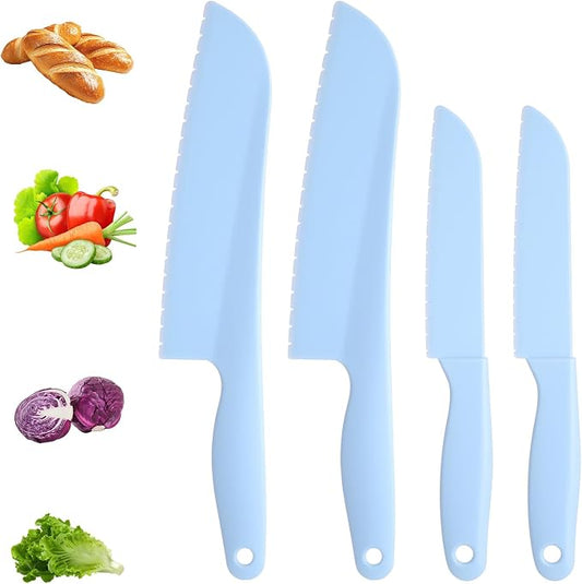 4 Pack Lettuce Knife 11/8.5" Plastic Cake Knifes to Prevent Browning Serrated Kitchen Cutter for Cutting Fruits, Cakes and Bread Dishwashable Safe for Kids Nylon Cutters for Nonstick Pans (Blue, S&L)