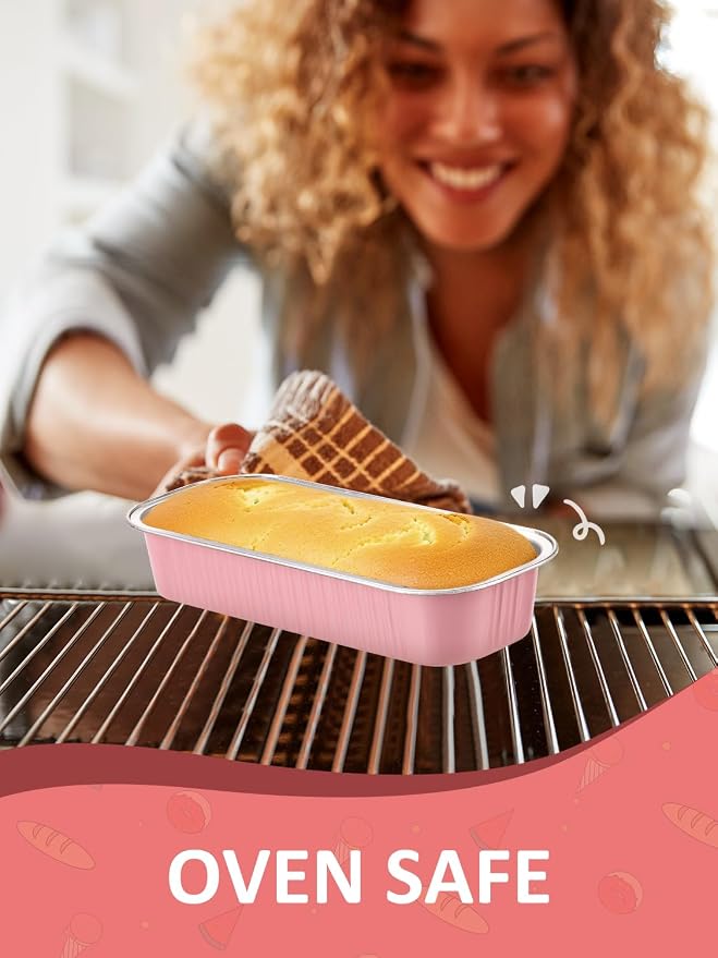 NEEBAKE 150 Pack 6.8 oz Disposable Mini Loaf Pans with Lids and Spoons - 6.5x2.5x1.2 Pink Aluminum Loaf Pans, Small Aluminum Tin Foil Baking Pan, Food Containers for Baking, Cakes, Bread, Loaves