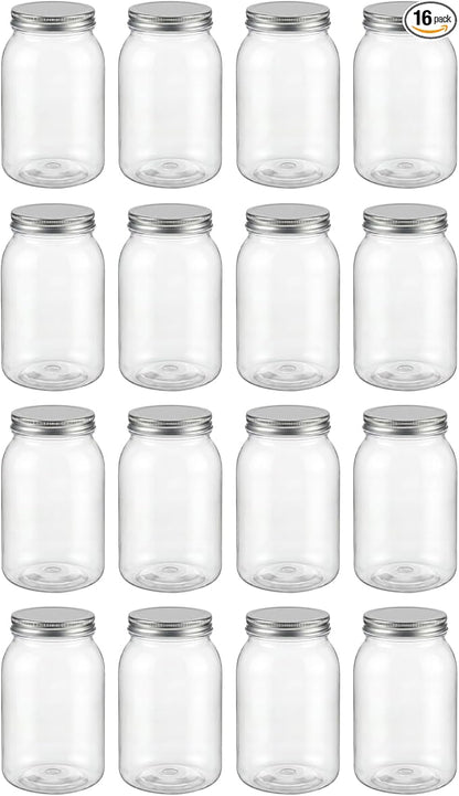 novelinks 32 oz Mason Jars with Plastic Lids, 16 Pack Large Plastic Salad Jars with Lids 32oz, Reusable Spice Containers & Kitchen Jars for Pantry Organization (16 Pack,Silver)