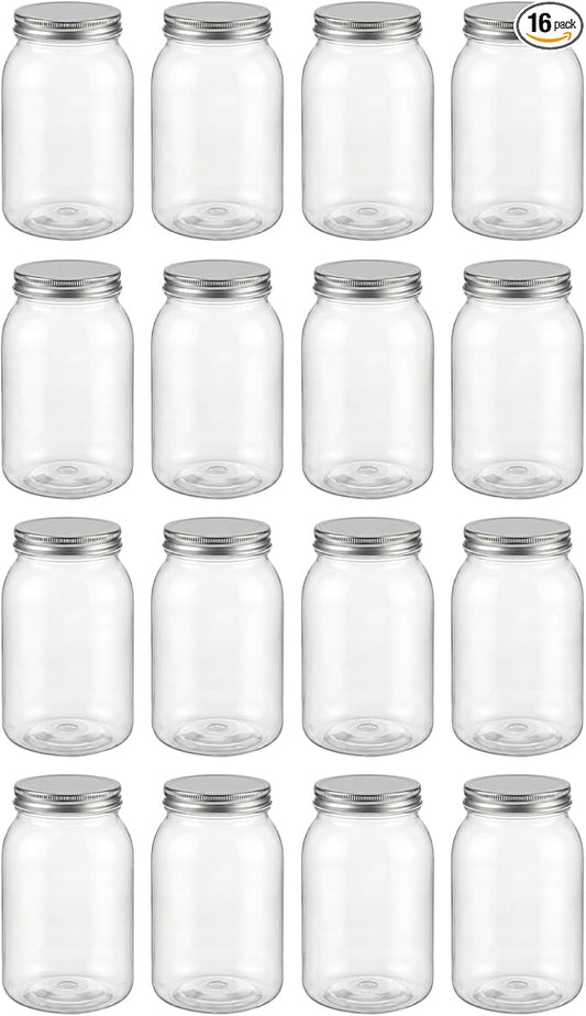 novelinks 32 oz Mason Jars with Plastic Lids, 16 Pack Large Plastic Salad Jars with Lids 32oz, Reusable Spice Containers & Kitchen Jars for Pantry Organization (16 Pack,Silver)