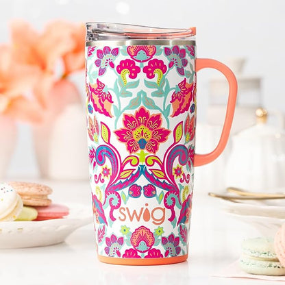 Swig Life 22oz Travel Mug, Insulated Tumbler with Handle and Lid, Travel Coffee Mug, Cup Holder Friendly, Stainless Steel 22 oz Tumbler, Reusable Insulated with Lid (Flourish)
