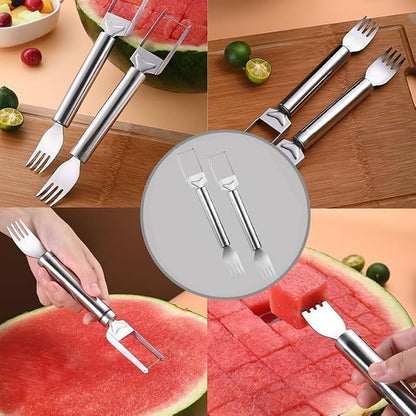 4 Packs 2-in-1 Watermelon Fork Slicer Fruit Cutter, Stainless Steel Watermelon Cutter Artifact, Watermelon Cut ter Slicer Tool Fruit Forks Sli cer Knife Kitchen Gadgets
