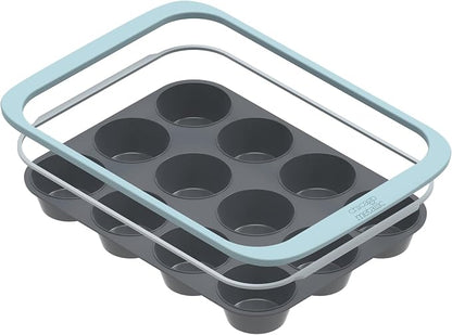 Chicago Metallic 12-Cup Silicone Muffin Pan, Blue - Nonstick Cupcake Baking Pan with Wire-Reinforced Rim, Oven Safe to 428F, Dishwasher Safe, 14.6 x 10.43 Inches