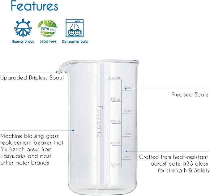 Easyworkz Borosilicate Glass Replacement Beaker for 34oz French Press Coffee Maker