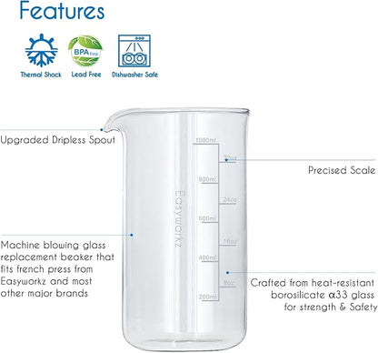 Easyworkz Borosilicate Glass Replacement Beaker for 34oz French Press Coffee Maker