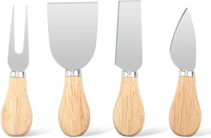 UUBAAR 4 PCS Cheese Knife Set for Charcuterie Board, Wood Handle Stainless Steel Cheese Slicer & Cutter Utensils with Mini Knife, Butter Knife, Fork