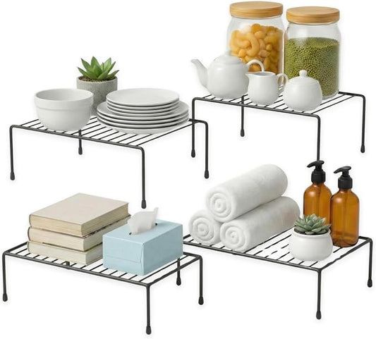 Evelots Kitchen Cabinet Wire Shelf Organizer/Rack - 4 Pack Sturdy Large Metal Shelf Risers - Double Your Counter Space - Great for Kitchen, Freezer, Pantry and Bathroom - Rustproof - Black
