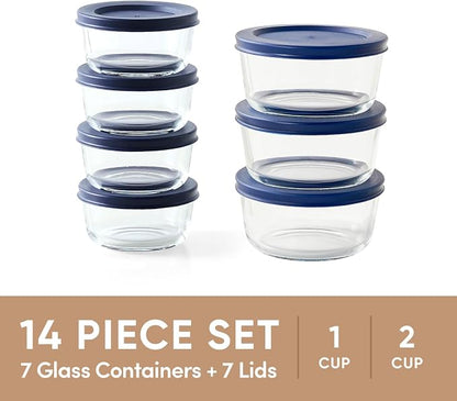 14-Piece Glass Food Storage Containers Set (7 Containers + 7 BPA-Free Lids) | 1-Cup & 2-Cup, Leakproof | Microwave, Freezer, Oven & Dishwasher Safe | Ideal for Meal Prep & Pantry Organization, Blue