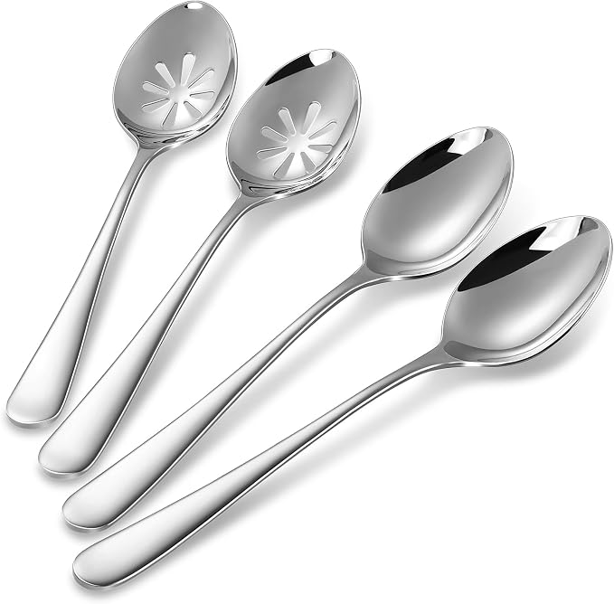 KEAWELL Louise Premium 2 Piece Serving Spoons and 2 Piece Serving Slotted Spoons – 9 inches – 18/10 Stainless Steel - Uniting Elegance and Durability - Exquisite Serving Utensils for Parties