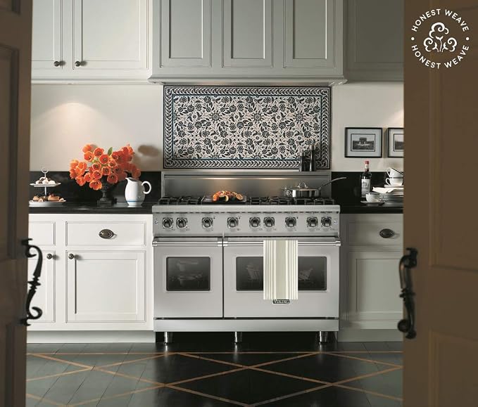 HONEST WEAVE GOTS Certified Organic Cotton Kitchen Hand and Dish Towel Sets - Oversized 20x30 inches, Fully Hemmed, in Designer Colors, 6-Pack, Warm Gray/Taupe Stripe