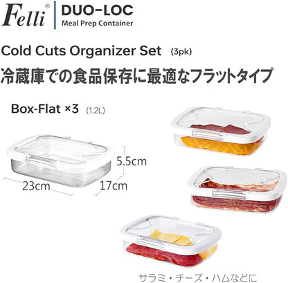 Felli Duo Loc Deli Meat Containers for Fridge with Airtight Lids, Stackable Refrigerator Organizer for Lunch Meat Storage Sandwich Ham Cheese Salami Sliced Turkey, Clear Tritan Box (Cold Cuts 3pk)