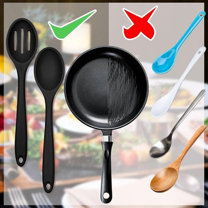 ELANE 8 Pcs Silicone Cooking Spoons Set,Mixing Spoons for Cooking Spoons for Nonstick Cookware Silicone Serving Spoons,Mixing Spoons for Cooking(Black)
