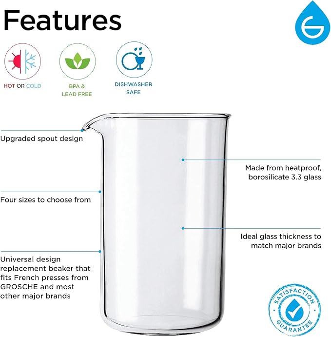 GROSCHE Borosilicate 3.3 Glass Universal Replacement Beaker for French Press Coffee and Tea Makers - (34.oz - Medium)
