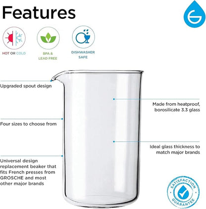GROSCHE Borosilicate 3.3 Glass Universal Replacement Beaker for French Press Coffee and Tea Makers - (34.oz - Medium)