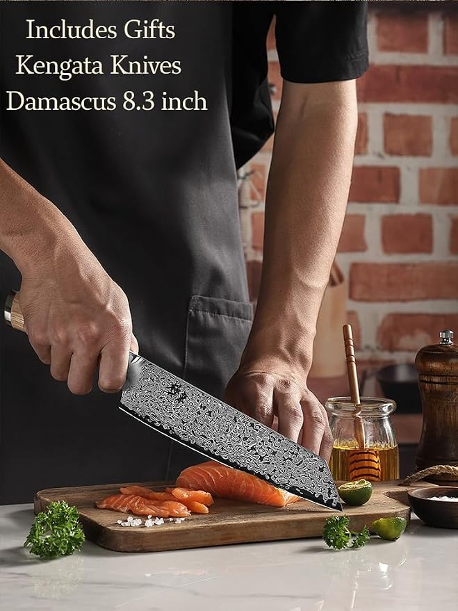 DONGSUN 8 Inch Damascus Kiritsuke Chef Knife with North American Black Walnut Sheath, Professional K-Tip Japanese Kitchen Knife 67-Layer VG10 Forged Steel, Durable Sharpness