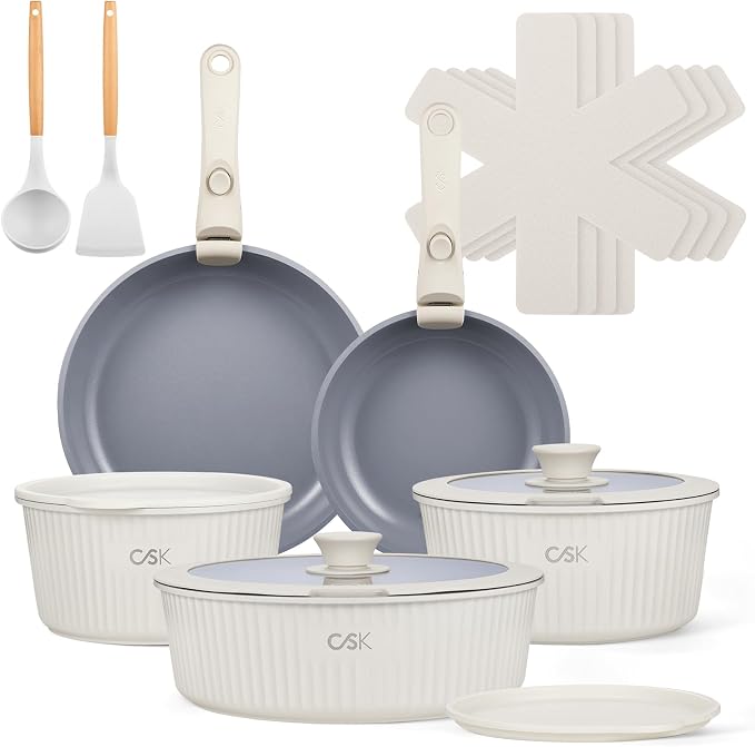 KOCH SYSTEME CS 17pcs Pots and Pans Set Non Stick, Nonstick Ceramic Cookware Set Detachable Handle, Induction Kitchen Pot and Pan Set, Non Stick with Removable Handle, RV Cookware Set, Cream White