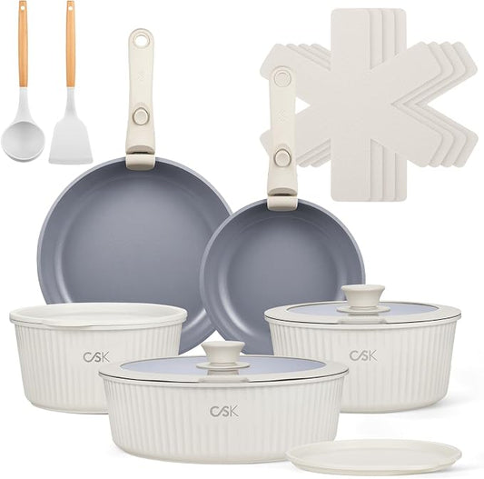 KOCH SYSTEME CS 17pcs Pots and Pans Set Non Stick, Nonstick Ceramic Cookware Set Detachable Handle, Induction Kitchen Pot and Pan Set, Non Stick with Removable Handle, RV Cookware Set, Cream White