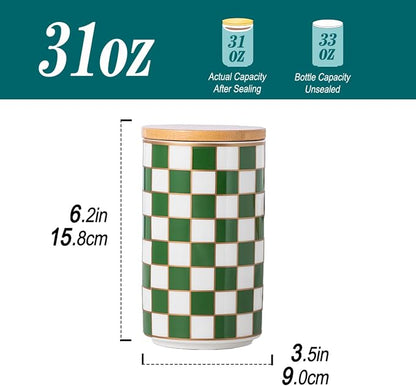 Kitchen Countertop Ceramic Checkered Canisters,Black And White Food Storage Containers With Lid,Airtight Kitchen Canisters for Flour, Sugar, Coffee, Tea, and Dry Goods (Green, Large)