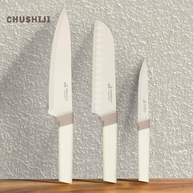 CHUSHIJI 15-Piece Kitchen Knife Set with Block, Premium High Carbon Stainless Steel, 8-Inch Chef Knife & 6 Steak Knives, Sharp Dishwasher Safe Durable Cutlery for Home Cooking, White