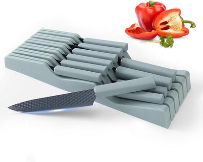 12-Piece Blue Modern Knife Block Set with Drawer Organizer, Stainless Steel Knife Set, 7.2" Chef Knife, 6 Steak Knives