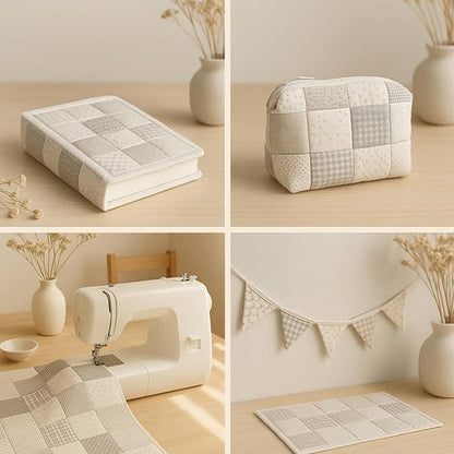 Cotton Satin Patchwork Fabric Panel – 35 Designs, 20×20 cm Squares, Single Piece 150×110 cm, Neutral Grey Quilt Fabric (Elegant Beige Patchwork Set, 35pcs 8x8 inch)