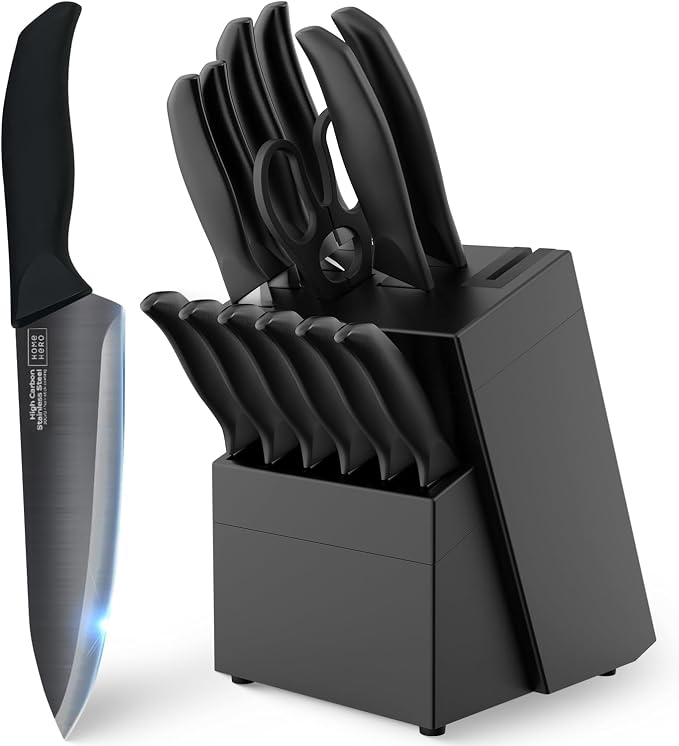 Home Hero Kitchen Knife Set - 15 PCS Black Knife Set with Block and Sharpener - Stainless Steel Knife Set - Ergonomic Handles - Includes Steak Knives Set of 6 - Knife Block Set for Kitchen